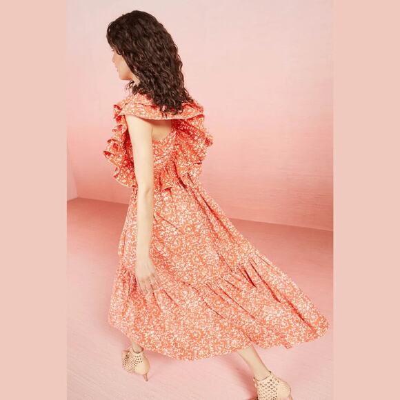 ULLA JOHNSON Freida Printed Cotton Midi Dress Coral Batik Red Orange White US 4 - Picture 4 of 12